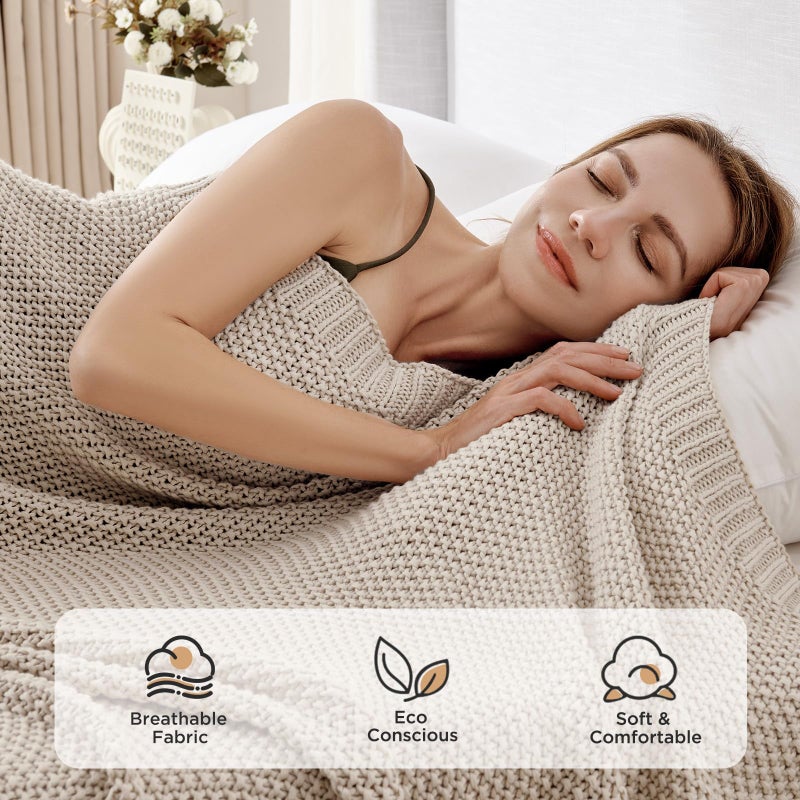 Joydeco Chunky Cable Knit Throw Blanket, Lightweight 100% Organic Cotton Soft Cozy Throw Twin Blanket for Couch Bed and Sofa, Rustic Breathable Farmhouse Blanket Gift for Women Men(Beige, 60"x80") - Image 4