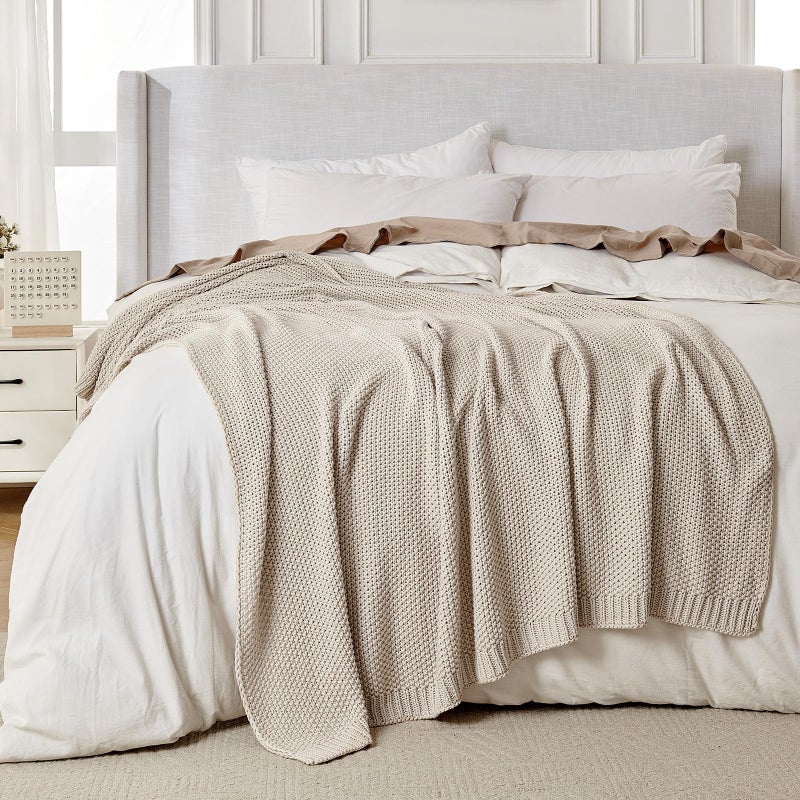 Joydeco Chunky Cable Knit Throw Blanket, Lightweight 100% Organic Cotton Soft Cozy Throw Twin Blanket for Couch Bed and Sofa, Rustic Breathable Farmhouse Blanket Gift for Women Men(Beige, 60"x80") - Image 3