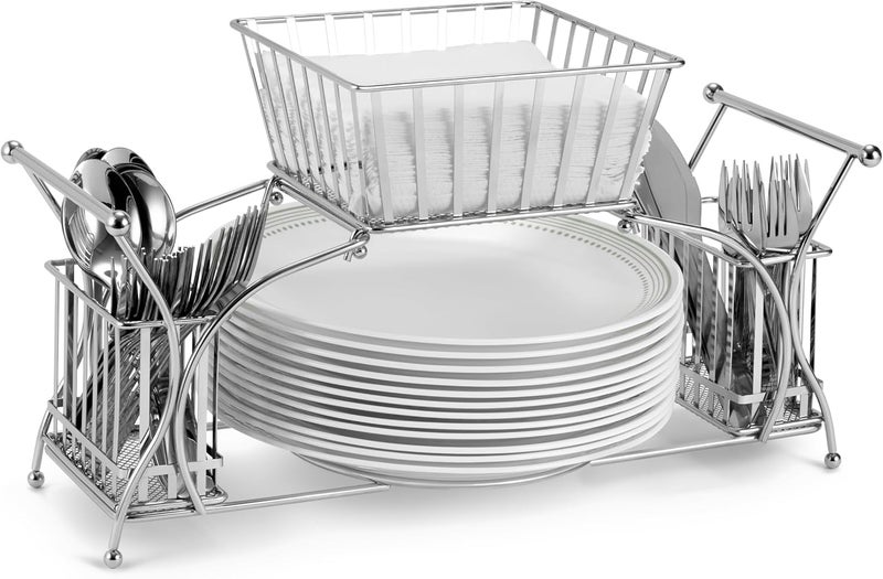 Sorbus Utensil Caddy — Use For Napkin, Cutlery, Plate Holder — Stackable Flatware Caddy, Tabletop Organizer — Ideal for Dining Table, Party, Buffet, Kitchen, Entertaining (Silver) - Image 1
