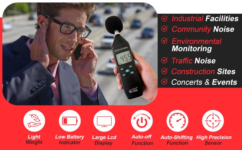 LATNEX SM-130DB Digital Decibel Meter Reader and Sound Level Meter Type 2 with Calibration Certificate. Measurement Device for Environmental and Mechanical Noise Monitor - Manufacturing, Office, Classroom - Image 3