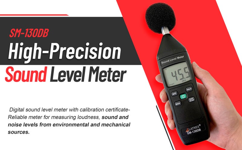 LATNEX SM-130DB Digital Decibel Meter Reader and Sound Level Meter Type 2 with Calibration Certificate. Measurement Device for Environmental and Mechanical Noise Monitor - Manufacturing, Office, Classroom - Image 2