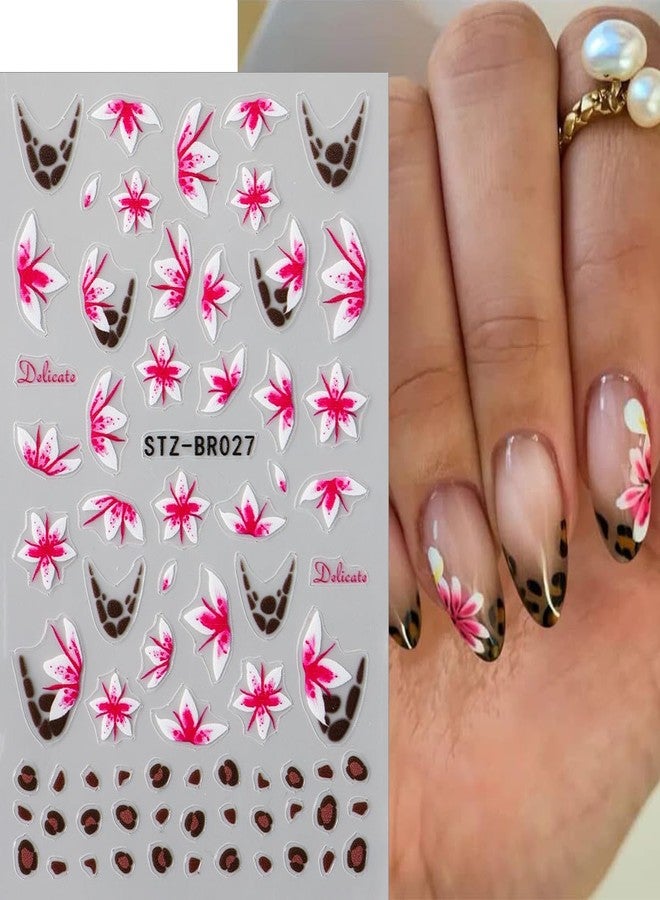 SINSEN Flower Nail Art Stickers Decals Spring 3D Self-Adhesive Flower Nail Decals 3PCS Pink White Floral French Tip Leopard Print Design Spring Summer Nail Art Decorations Supplies Manicure Sliders for Women - Image 5