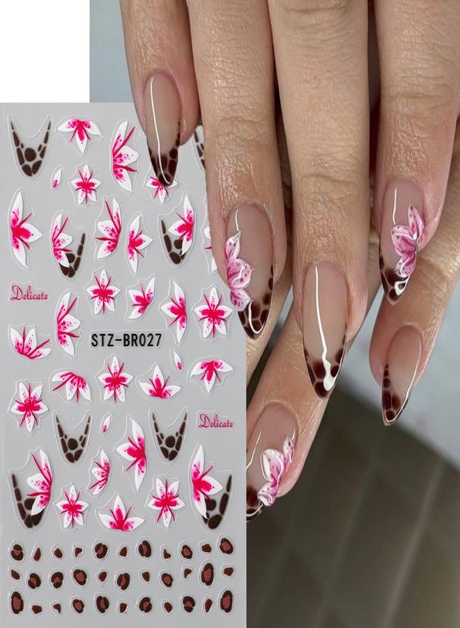 SINSEN Flower Nail Art Stickers Decals Spring 3D Self-Adhesive Flower Nail Decals 3PCS Pink White Floral French Tip Leopard Print Design Spring Summer Nail Art Decorations Supplies Manicure Sliders for Women - Image 4