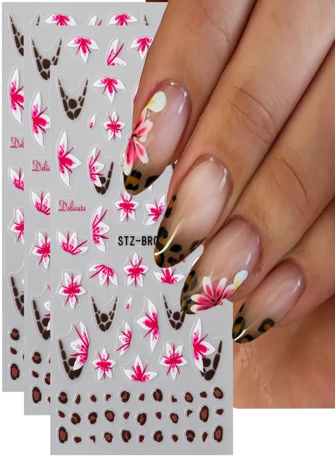 SINSEN Flower Nail Art Stickers Decals Spring 3D Self-Adhesive Flower Nail Decals 3PCS Pink White Floral French Tip Leopard Print Design Spring Summer Nail Art Decorations Supplies Manicure Sliders for Women - Image 1