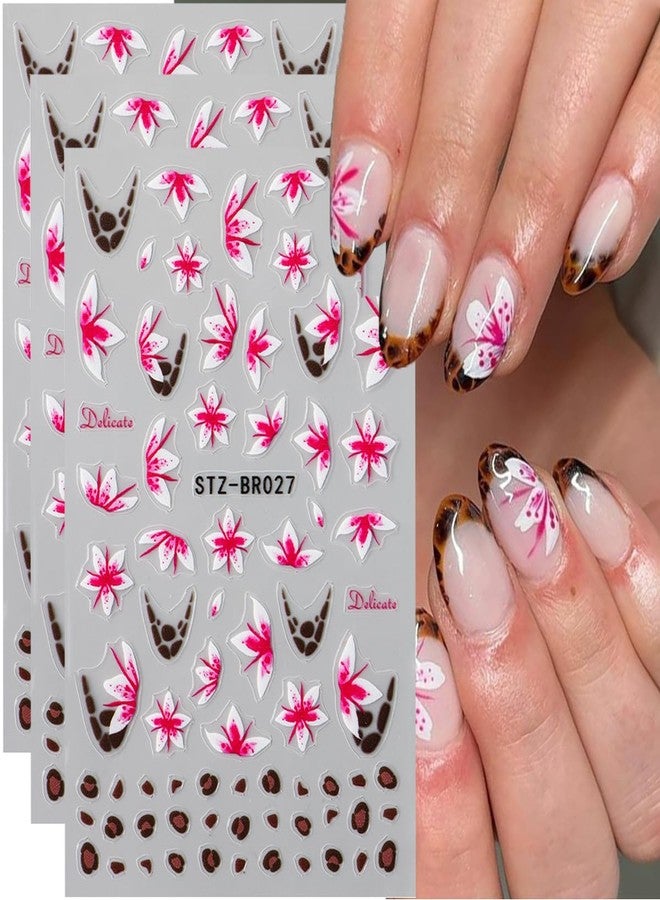 SINSEN Flower Nail Art Stickers Decals Spring 3D Self-Adhesive Flower Nail Decals 3PCS Pink White Floral French Tip Leopard Print Design Spring Summer Nail Art Decorations Supplies Manicure Sliders for Women - Image 2