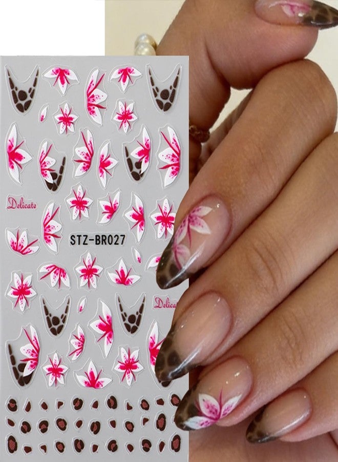 SINSEN Flower Nail Art Stickers Decals Spring 3D Self-Adhesive Flower Nail Decals 3PCS Pink White Floral French Tip Leopard Print Design Spring Summer Nail Art Decorations Supplies Manicure Sliders for Women - Image 3