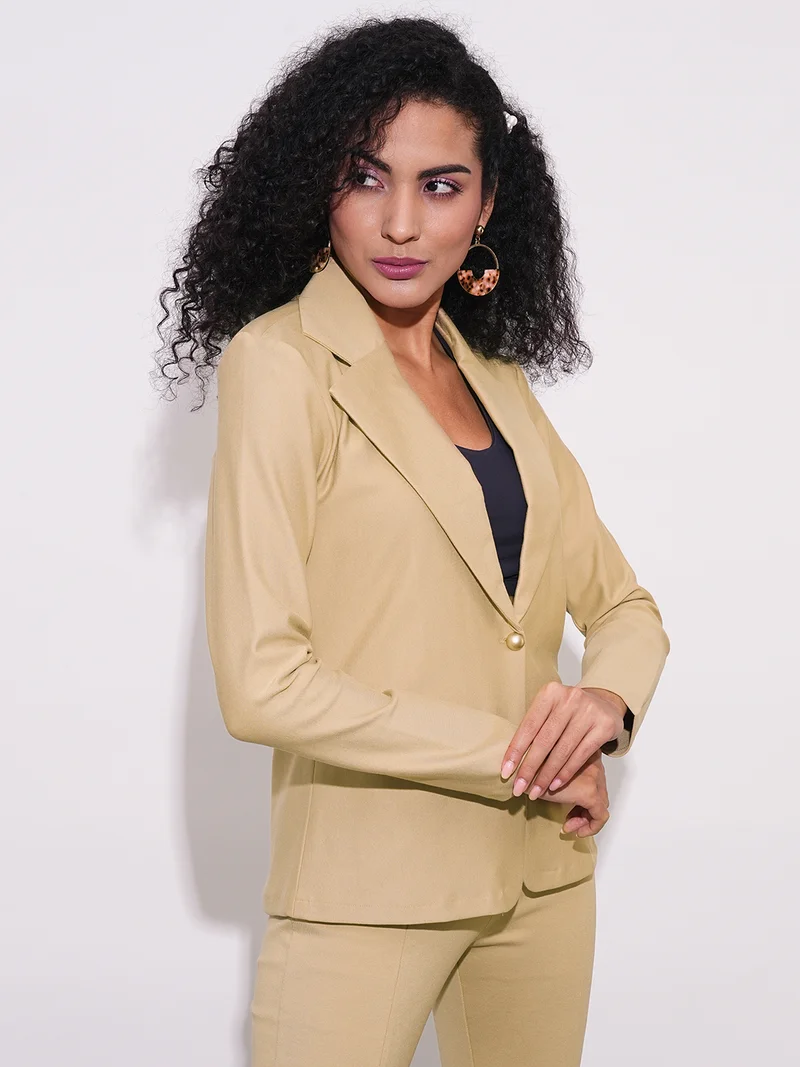 جلو باص جاكيت بليزر نسائي جلووبس بياقة مشقوقة وأكمام طويلة وحافة منحنية بفتحة أمامية