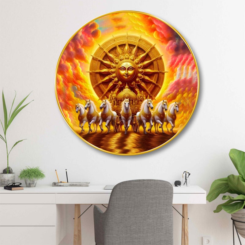 SAF Surya Dev Round Wall Art | 3D Embossed MDF Panel with Golden Rim | Divine Sun God with Seven Horses | Luxurious Religious Art Frame for Wall Decoration (16 x 16 Inch) GRM-307 - Image 5