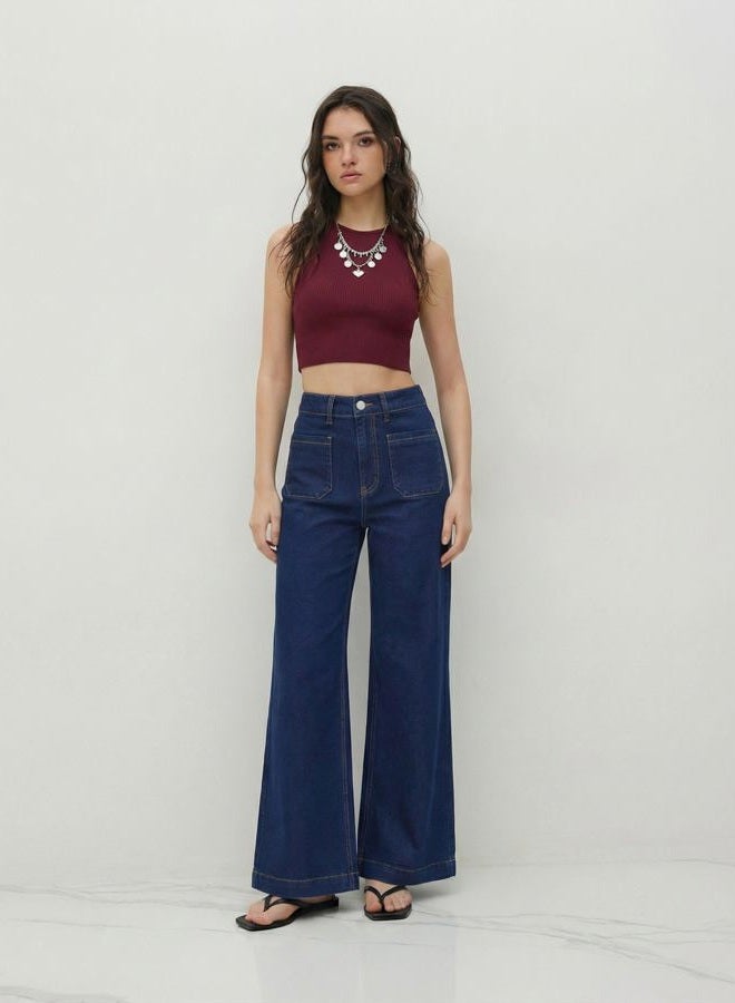 CIDER Womens Wide Leg Jeans High Waisted Stretchy Denim Flared Pants with Pockets, Navy Blue, S - Image 2