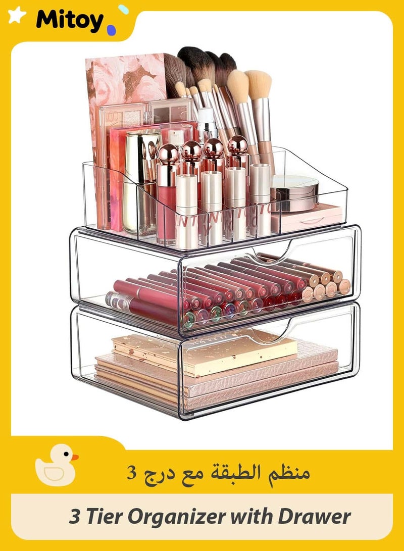 Mitoy 3 Tier Clear Makeup Organizer with Drawer, Acrylic Cosmetic Storage Organiser for Dresser Countertop and Bathroom Vanity, Beauty Holder for Lipstick Brush Skincare - Image 1