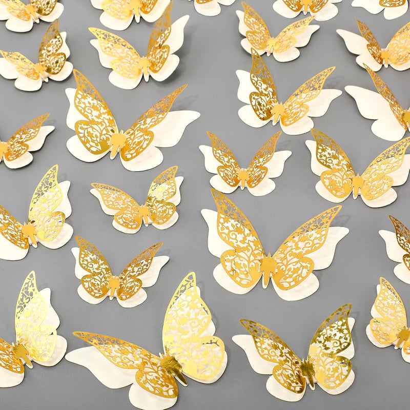 Outus 120 Pieces Gold and White 3D Layered Butterfly Wall Decor Removable Butterfly Stickers Hollow Mural Decals for Birthday Cake Decorations Crafts Bouquet Flower Arrangements - Image 1