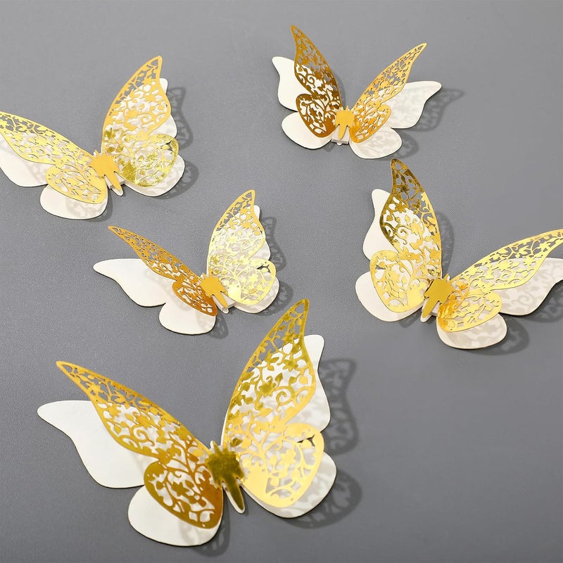 Outus 120 Pieces Gold and White 3D Layered Butterfly Wall Decor Removable Butterfly Stickers Hollow Mural Decals for Birthday Cake Decorations Crafts Bouquet Flower Arrangements - Image 3