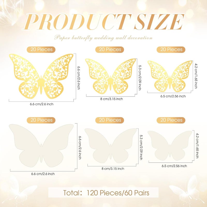 Outus 120 Pieces Gold and White 3D Layered Butterfly Wall Decor Removable Butterfly Stickers Hollow Mural Decals for Birthday Cake Decorations Crafts Bouquet Flower Arrangements - Image 2