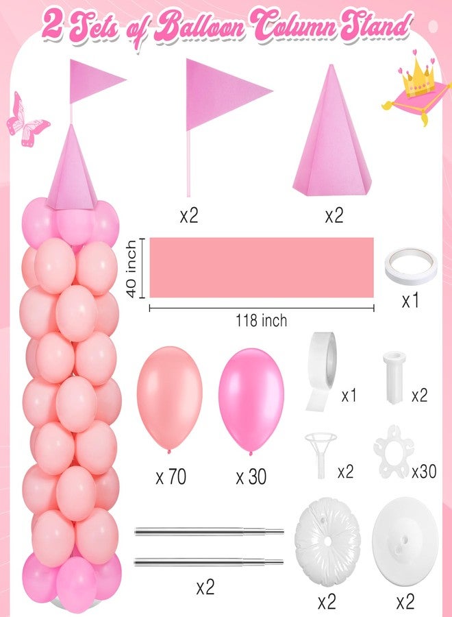 Charnoel 2 Sets Adjustable Pink Princess Castle Balloon Column Stand Kit Includes 140 Pcs Balloons 2 Tricorne Hat 2 Pennant 1 Carpet for Princess Birthday Party Weddings Decoration - Image 2