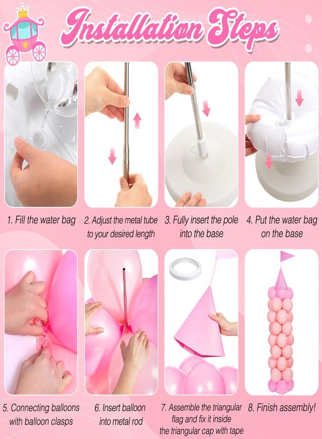 Charnoel 2 Sets Adjustable Pink Princess Castle Balloon Column Stand Kit Includes 140 Pcs Balloons 2 Tricorne Hat 2 Pennant 1 Carpet for Princess Birthday Party Weddings Decoration - Image 3