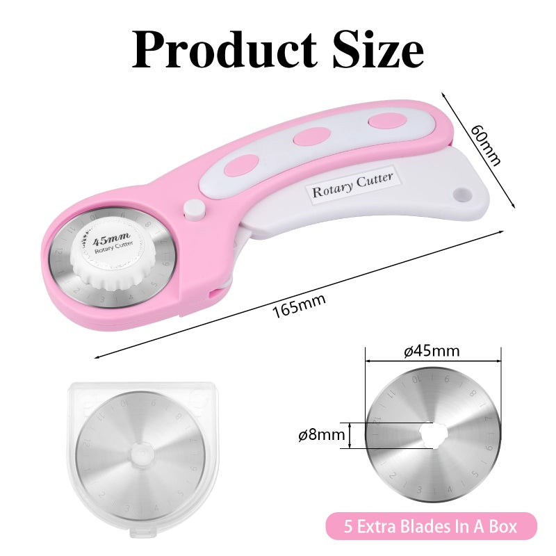 Hoiny 45mm Rotary Cutter for Fabric with 5 Extra Blades, Ergonomic Roller Fabric Cutter Cuts Through Multiple Layers, Safety Lock for Left and Right Handed, Professional Sewing & Quilting Tools (Pink) - Image 2