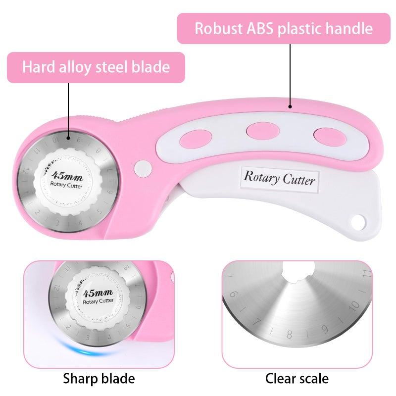 Hoiny 45mm Rotary Cutter for Fabric with 5 Extra Blades, Ergonomic Roller Fabric Cutter Cuts Through Multiple Layers, Safety Lock for Left and Right Handed, Professional Sewing & Quilting Tools (Pink) - Image 3