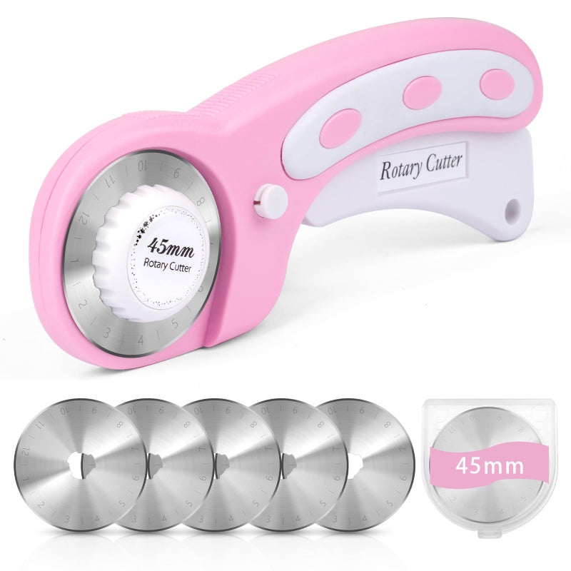 Hoiny 45mm Rotary Cutter for Fabric with 5 Extra Blades, Ergonomic Roller Fabric Cutter Cuts Through Multiple Layers, Safety Lock for Left and Right Handed, Professional Sewing & Quilting Tools (Pink) - Image 1