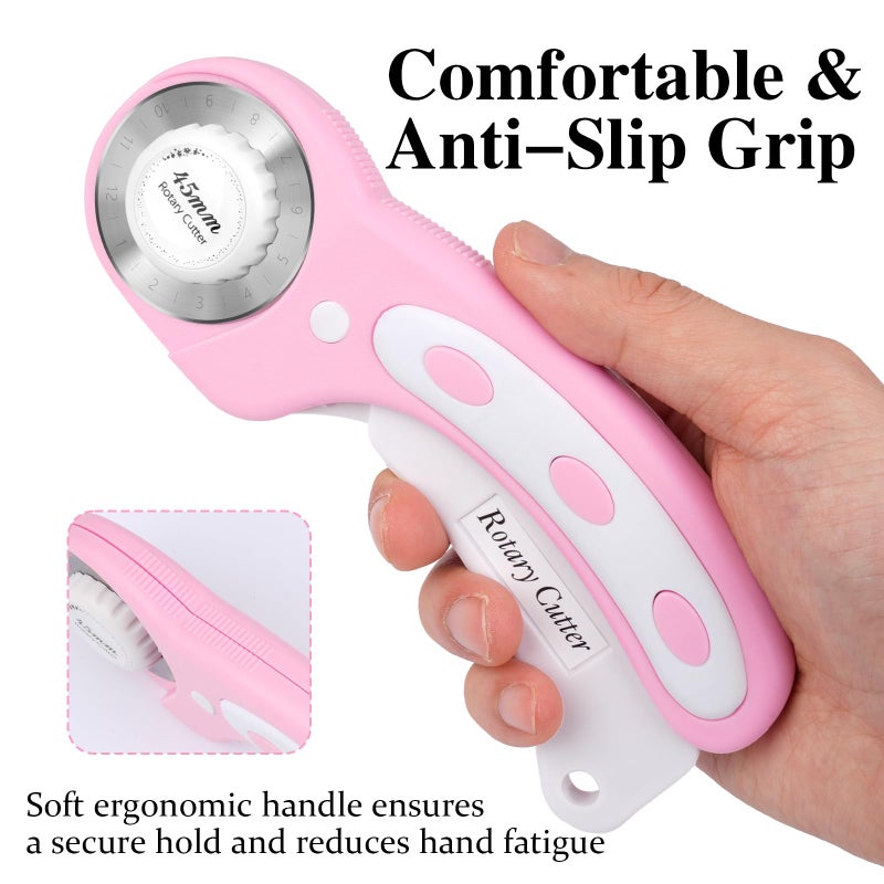 Hoiny 45mm Rotary Cutter for Fabric with 5 Extra Blades, Ergonomic Roller Fabric Cutter Cuts Through Multiple Layers, Safety Lock for Left and Right Handed, Professional Sewing & Quilting Tools (Pink) - Image 5