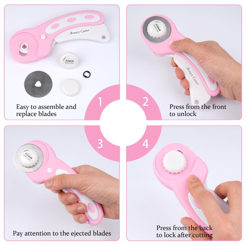 Hoiny 45mm Rotary Cutter for Fabric with 5 Extra Blades, Ergonomic Roller Fabric Cutter Cuts Through Multiple Layers, Safety Lock for Left and Right Handed, Professional Sewing & Quilting Tools (Pink) - Image 4