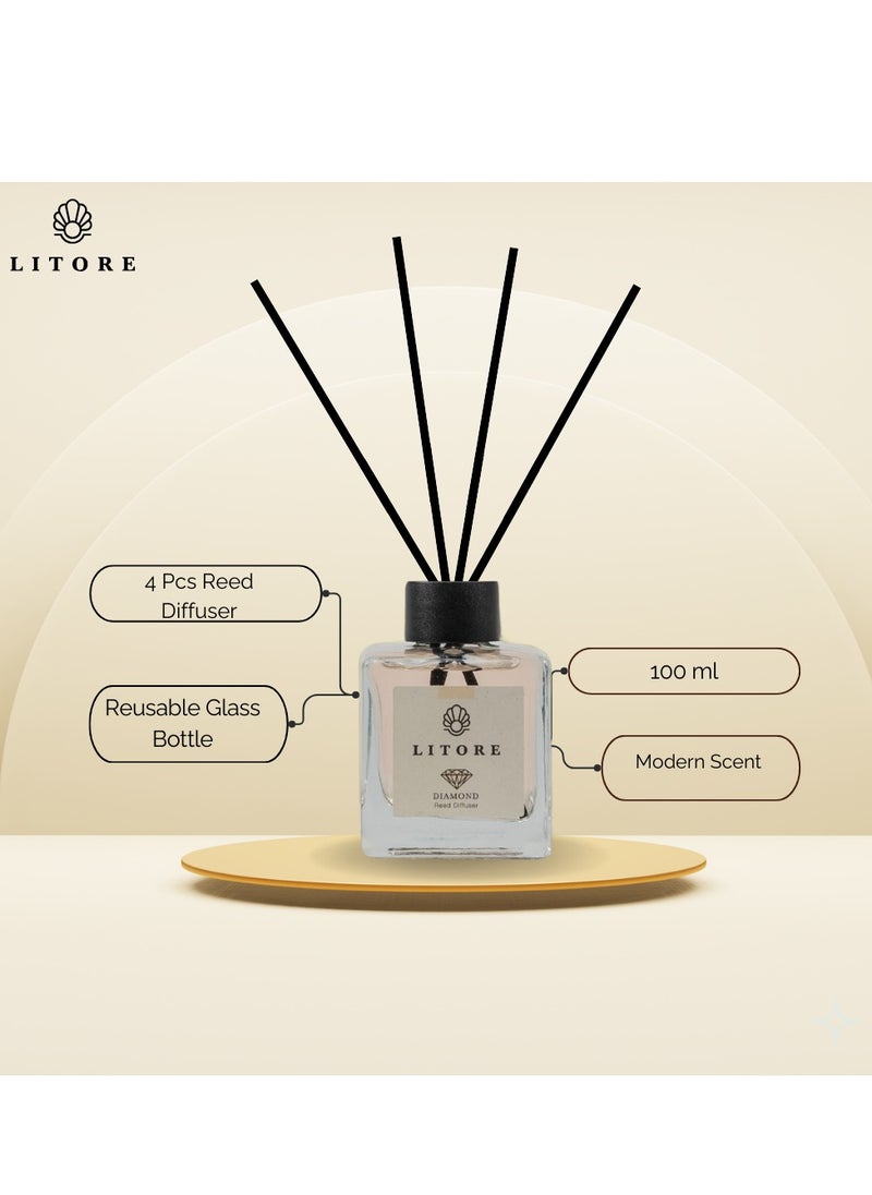 Litore - Litore Diamond Reed Diffuser, Best Diffuser Aromatherapy Perfume, Home Fragrance, Oil Diffuser & Reed Diffuser Sticks - Perfect for Home & Office - 100 ml - Image 1