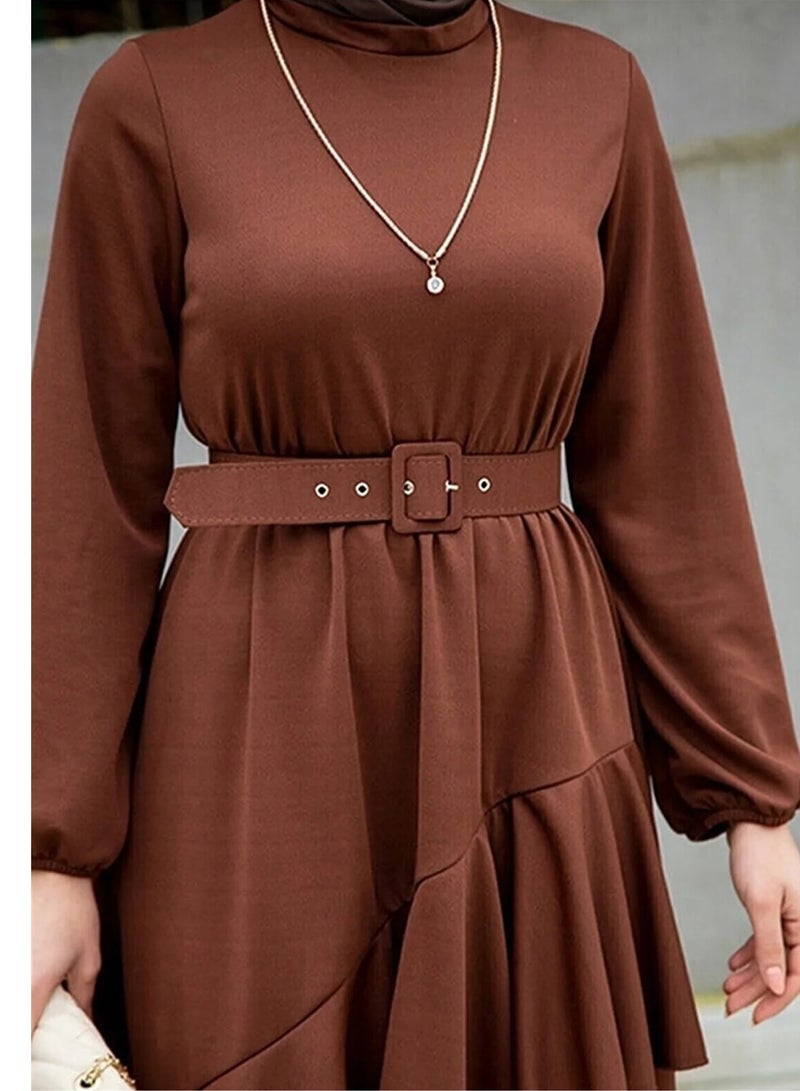 Beautiful elegant Middle Eastern inspired abaya dress with pleated hem and elegant belt - perfect for working Muslim women and various occasions - Image 3