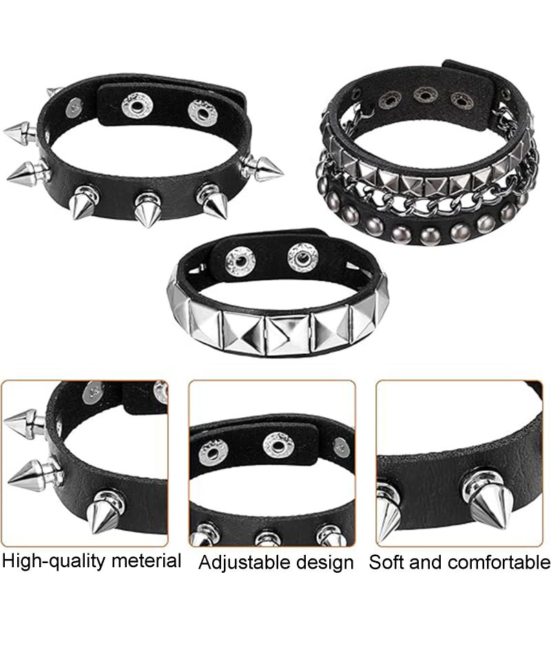KalamkariX 3PCS Punk Bracelet, Gothic Jewellery Set, Punk Leather Bracelet for Men and Women, Stylish Wrist Band with Rivet and Studs, Adjustable Punk Rock Accessories - Image 3