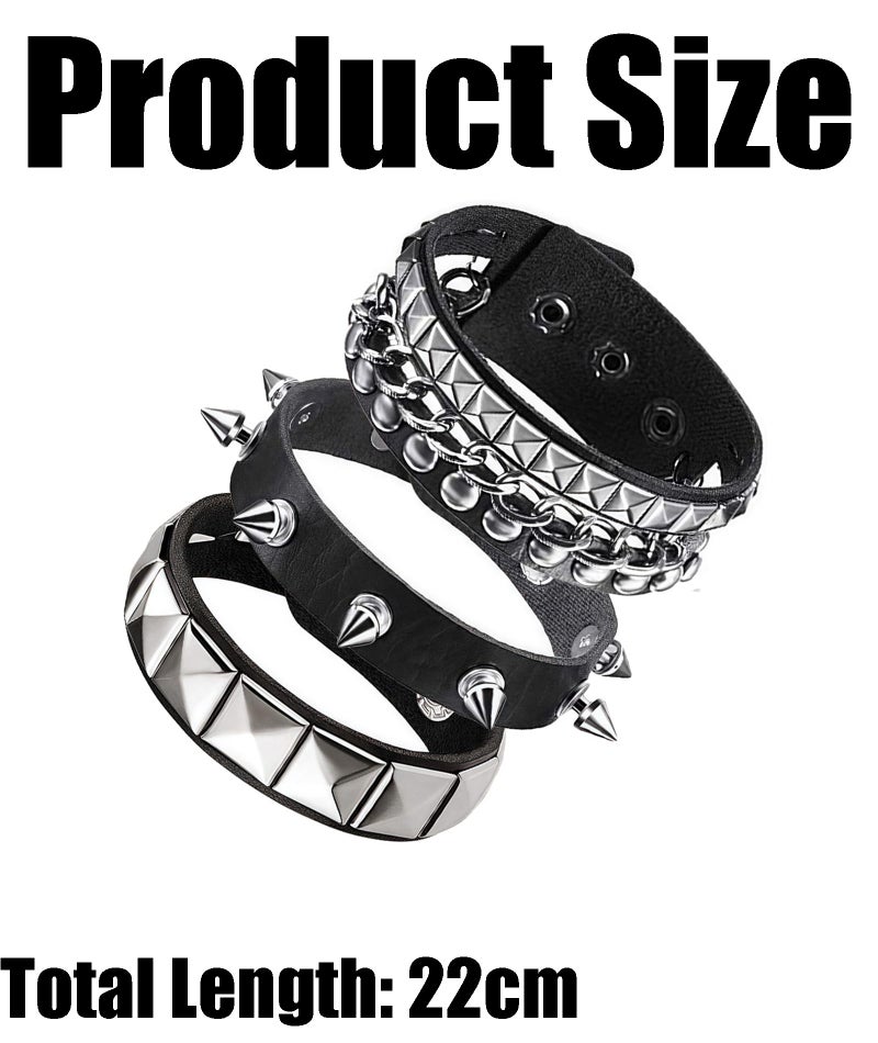 KalamkariX 3PCS Punk Bracelet, Gothic Jewellery Set, Punk Leather Bracelet for Men and Women, Stylish Wrist Band with Rivet and Studs, Adjustable Punk Rock Accessories - Image 2