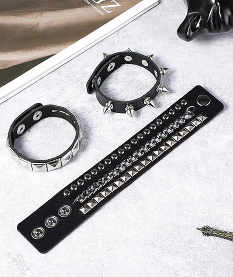 KalamkariX 3PCS Punk Bracelet, Gothic Jewellery Set, Punk Leather Bracelet for Men and Women, Stylish Wrist Band with Rivet and Studs, Adjustable Punk Rock Accessories - Image 4