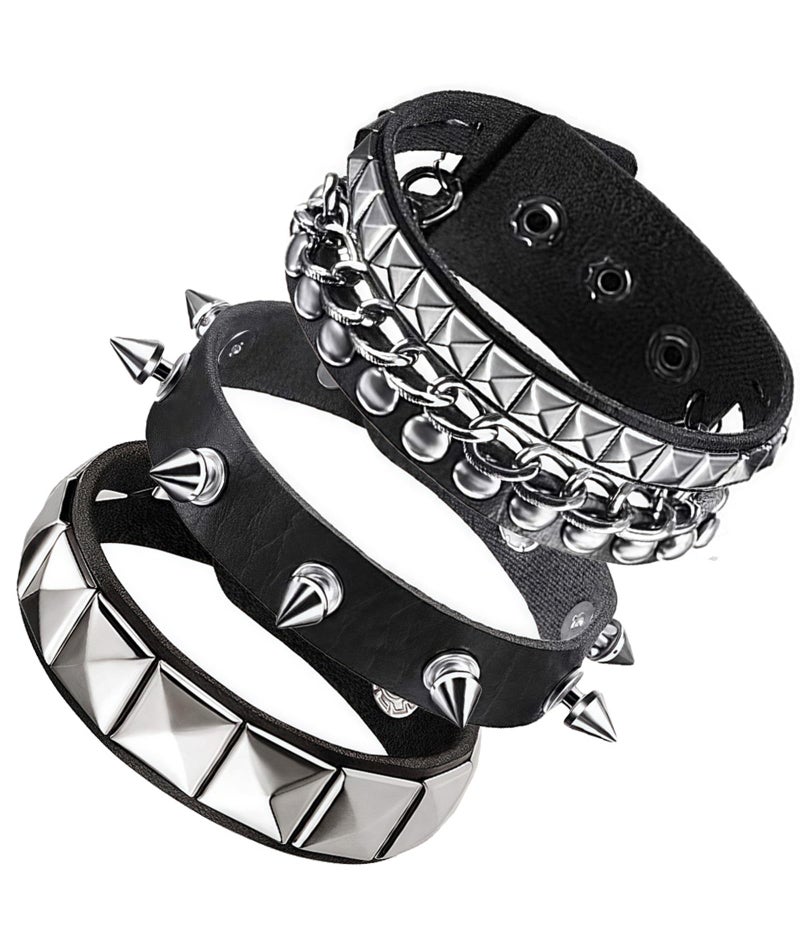 KalamkariX 3PCS Punk Bracelet, Gothic Jewellery Set, Punk Leather Bracelet for Men and Women, Stylish Wrist Band with Rivet and Studs, Adjustable Punk Rock Accessories - Image 1