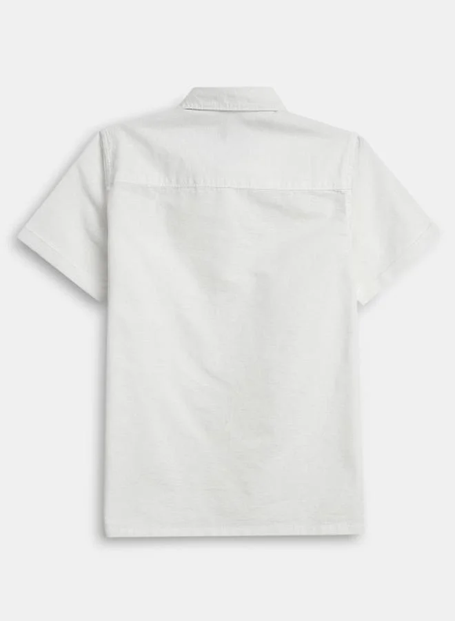 Bonkids Boy's shirts in regular fit white colour cotton fabric embellished pattern pull over closure woven weave type round collar type round neckline half sleeve length button down upper body wear type suitable for casual occasions – where comfort meets vibrant creativity!