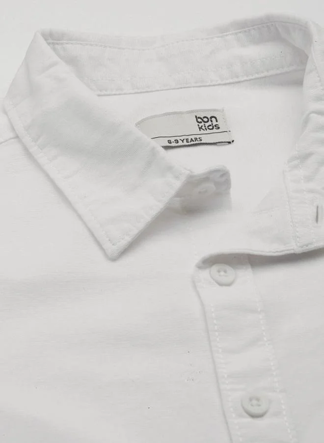 Bonkids Boy's shirts in regular fit white colour cotton fabric embellished pattern pull over closure woven weave type round collar type round neckline half sleeve length button down upper body wear type suitable for casual occasions – where comfort meets vibrant creativity!