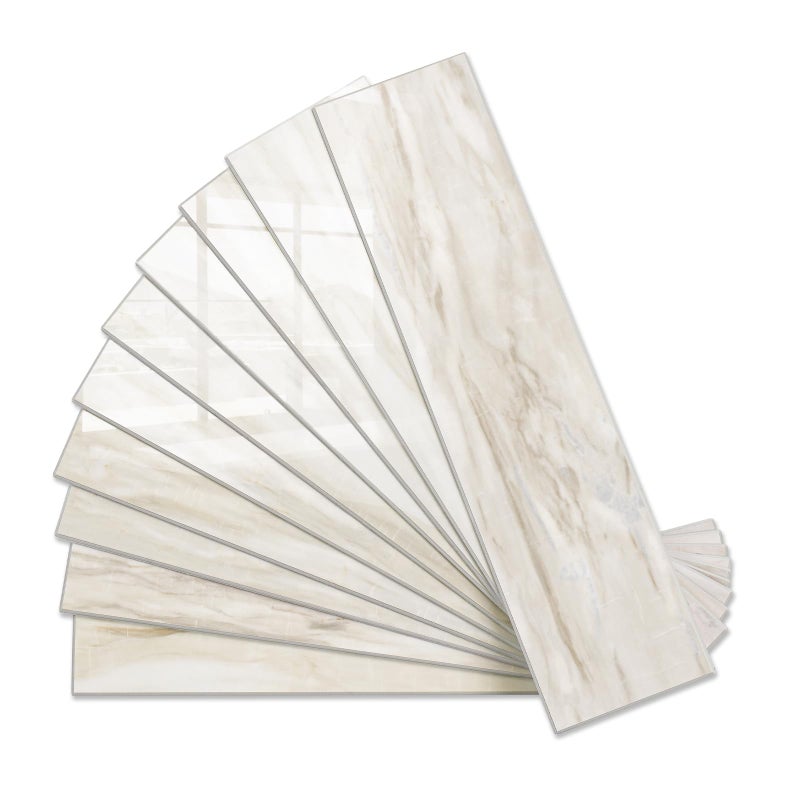 Vamos Tile 40-Piece Glossy Eurasian Wood Grain Peel and Stick Backsplash Wall Tiles with White Grout, 3" x 12" PVC Faux Stone Backsplash Tiles for Kitchen, Bathroom, Laundry Room, Camper, Fireplace - Image 1