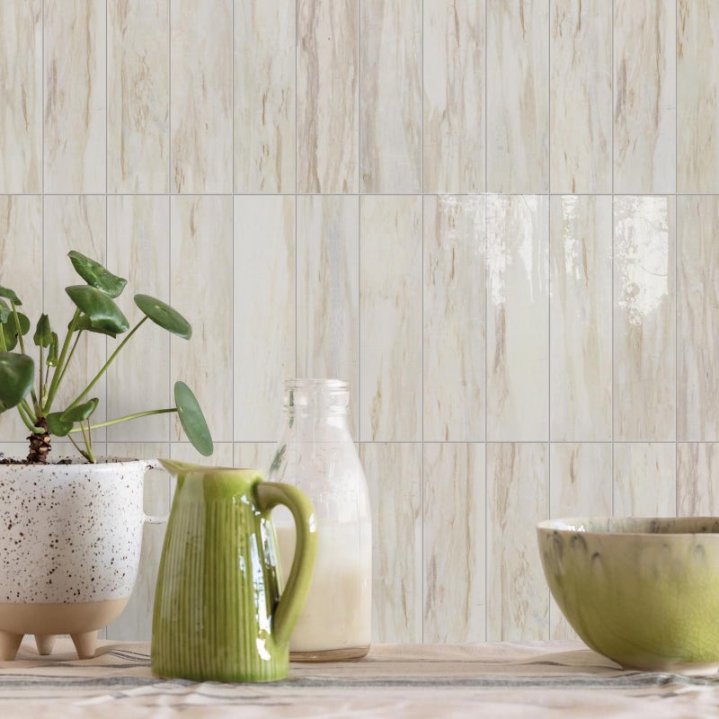 Vamos Tile 40-Piece Glossy Eurasian Wood Grain Peel and Stick Backsplash Wall Tiles with White Grout, 3" x 12" PVC Faux Stone Backsplash Tiles for Kitchen, Bathroom, Laundry Room, Camper, Fireplace - Image 2