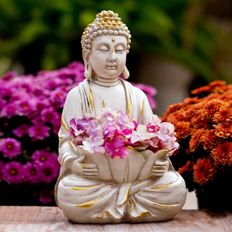Goodeco Meditating Buddha Statue Sculpture Outdoor Sitting Sculpture Decoration Marble Finish with Lotus and Magical Glow in The Dark Pebbles and Glass StonesGift ideaWhite Color 12 inch