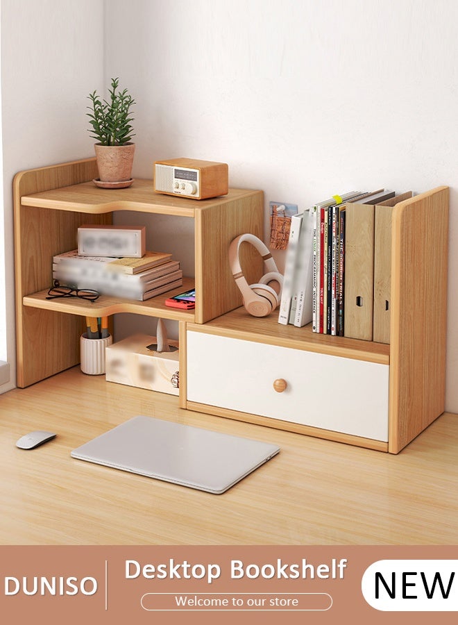 DUNISO Desktop Bookshelf with Drawer, Expandable Free Standing Bookcase, Multipurpose Desktop Organizer, Free Style Display Stand for Home Office Desk Working Studying, Display Storage Rack for Books, Files, Cosmetics and Office Supplies - Image 1