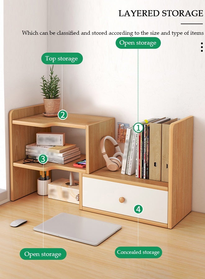 DUNISO Desktop Bookshelf with Drawer, Expandable Free Standing Bookcase, Multipurpose Desktop Organizer, Free Style Display Stand for Home Office Desk Working Studying, Display Storage Rack for Books, Files, Cosmetics and Office Supplies - Image 2