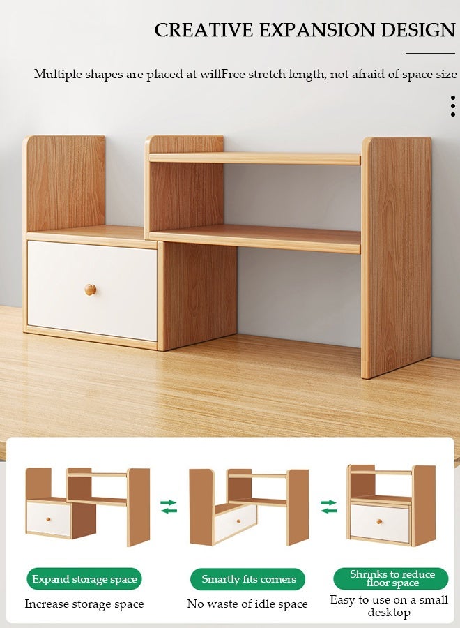 DUNISO Desktop Bookshelf with Drawer, Expandable Free Standing Bookcase, Multipurpose Desktop Organizer, Free Style Display Stand for Home Office Desk Working Studying, Display Storage Rack for Books, Files, Cosmetics and Office Supplies - Image 3