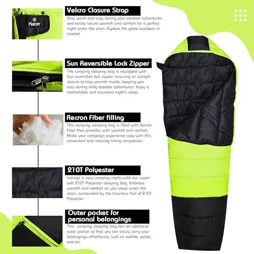 Hacer Khardunga La Camping Sleeping Bag with Secret Pocket Mummy Shape 210T Polyester +6 to +15 Degree Winter Hiking Trekking for Baby, Adults Men & Women (7 Ft, 1.2 KG, Black & Light Green) - Image 5