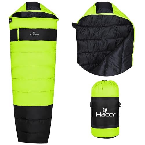 Hacer Khardunga La Camping Sleeping Bag with Secret Pocket Mummy Shape 210T Polyester +6 to +15 Degree Winter Hiking Trekking for Baby, Adults Men & Women (7 Ft, 1.2 KG, Black & Light Green) - Image 1