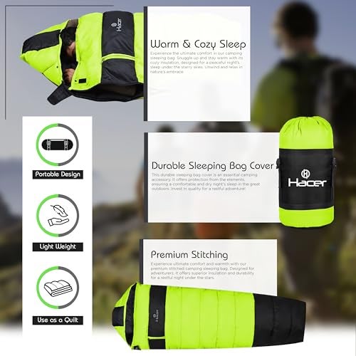 Hacer Khardunga La Camping Sleeping Bag with Secret Pocket Mummy Shape 210T Polyester +6 to +15 Degree Winter Hiking Trekking for Baby, Adults Men & Women (7 Ft, 1.2 KG, Black & Light Green) - Image 3