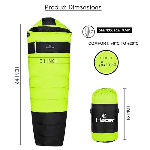 Hacer Khardunga La Camping Sleeping Bag with Secret Pocket Mummy Shape 210T Polyester +6 to +15 Degree Winter Hiking Trekking for Baby, Adults Men & Women (7 Ft, 1.2 KG, Black & Light Green) - Image 2
