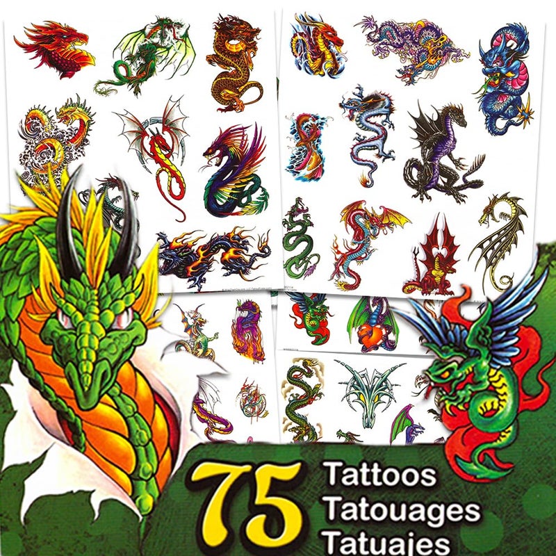 Dragon Temporary Tattoos Party Favor Set -- 75 Dragons Temporary Tattoos with Popart Stickers (Dragon Party Supplies) - Image 1