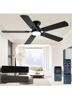 Arabest 52 Inch Black Low Profile Ceiling Fan with Remote Control, App, Double-Sided Fan Blades, 3CCT Dimmable LED, Quiet Operation - Perfect for Bedroom, Patio - Flush Mount Fan with Lights  - Image 1
