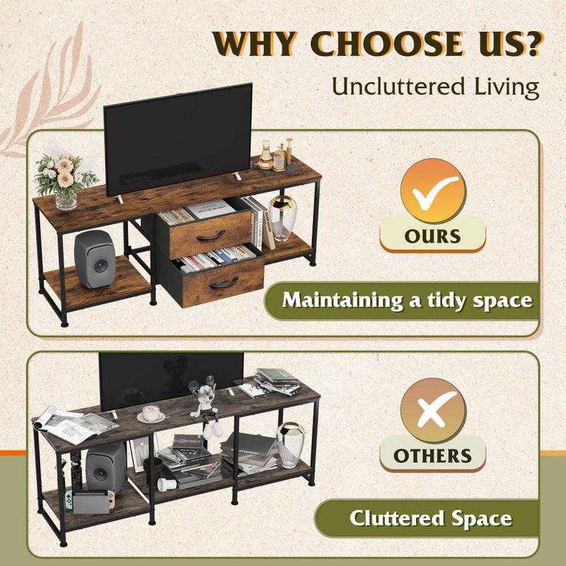WLIVE TV Stand Dresser with 2 Drawers, Entertainment Center for 50" Inch TV with Open Storage Shelves, Industrial Media Console for Bedroom, Living Room, Rustic Brown - Image 4