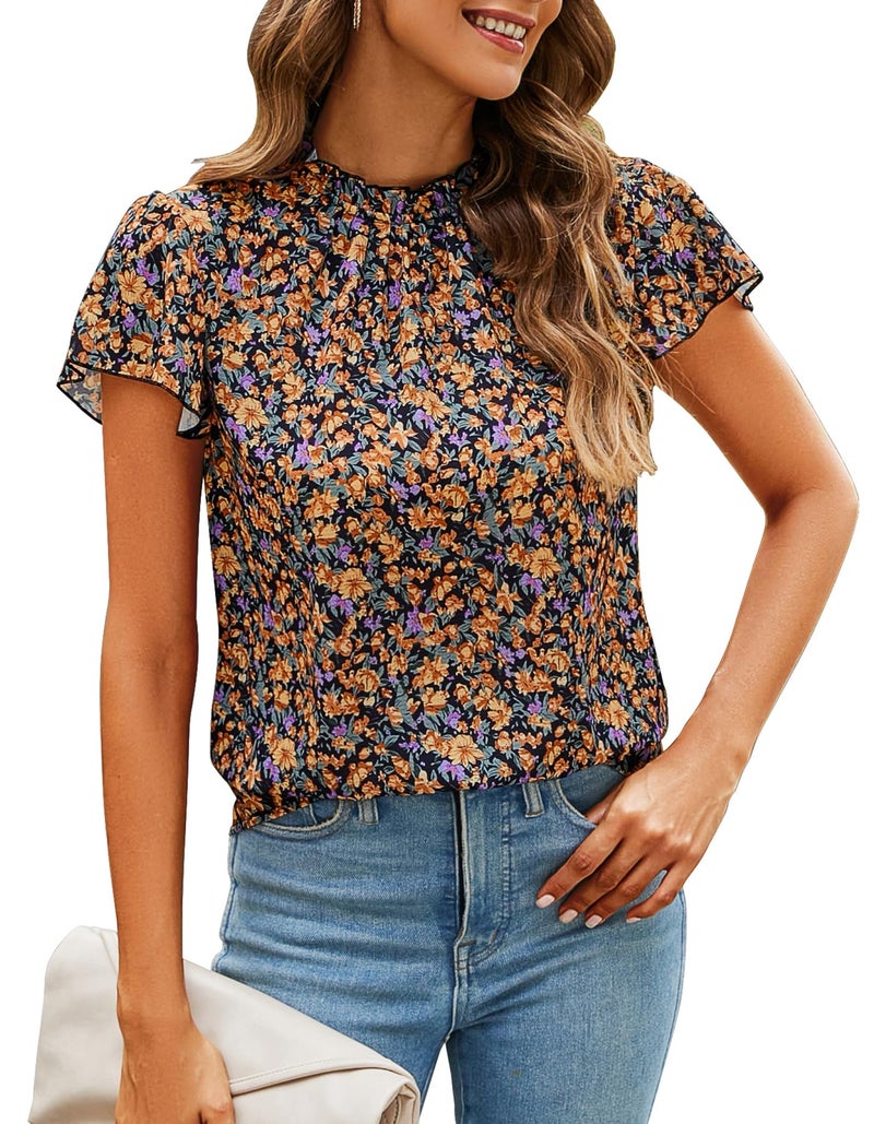 SimpleFun Business Casual Tops for Women Floral Short Sleeve Mock Turtleneck Summer Fashion Work Blouses for Office Black M - Image 1