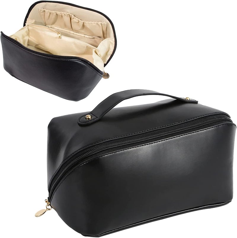 TECHNOWAYS SOLUTION Large Capacity Travel Cosmetic Bag Leather Makeup Bag With Handle And Divider Waterproof Cosmetic Bag Portable Leather Toiletry Bag Roomy Cosmetic Bag For Women Girls Black - Image 1