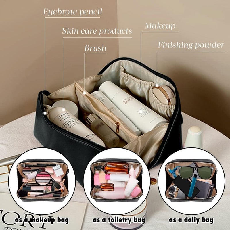 TECHNOWAYS SOLUTION Large Capacity Travel Cosmetic Bag Leather Makeup Bag With Handle And Divider Waterproof Cosmetic Bag Portable Leather Toiletry Bag Roomy Cosmetic Bag For Women Girls Black - Image 4