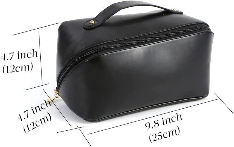 TECHNOWAYS SOLUTION Large Capacity Travel Cosmetic Bag Leather Makeup Bag With Handle And Divider Waterproof Cosmetic Bag Portable Leather Toiletry Bag Roomy Cosmetic Bag For Women Girls Black - Image 3