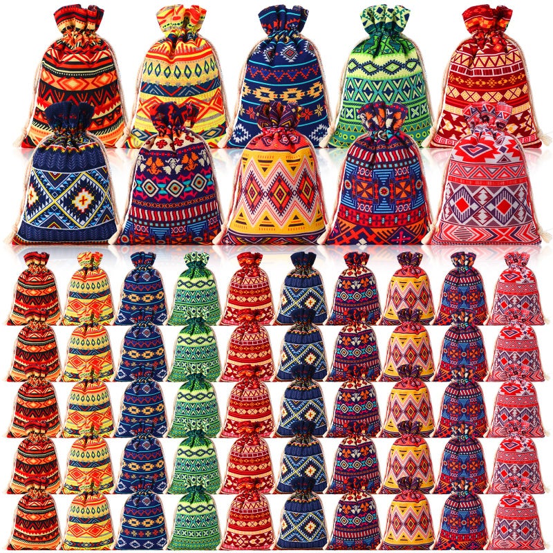 أكياس حلوى قابلة لإعادة الاستخدام من SilTriangle، 50 قطعة، بتصميمات مكسيكية، مقاس 4 × 6 بوصة، بنمط قبعة سومبريرو أزتيكية، وأكياس صغيرة برباط للمجوهرات، وأكياس قطنية صغيرة للهدايا، وأكياس هدايا لحفلات بيرو، وأكياس هدايا لحفلات تيراكوتا. - Image 1